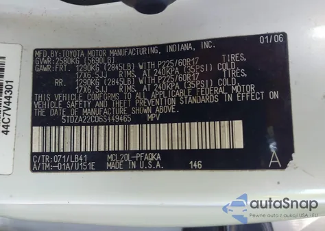 2006 Toyota Sienna Xle/Xle Limited z USA, uszkodzony, nr VIN 5TDZA22C06S449465